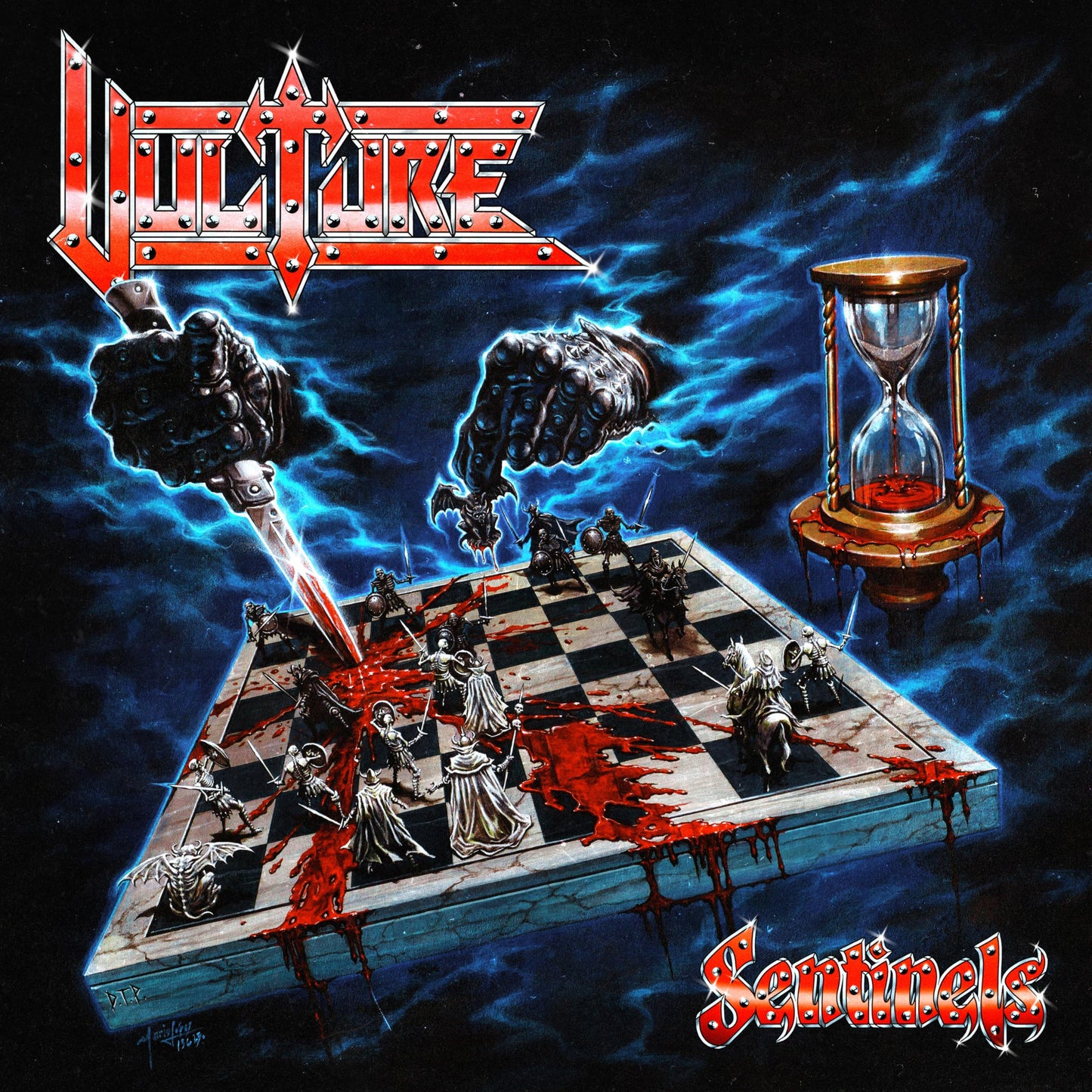 Dark fantasy album cover with chess pieces, hands, and an hourglass.