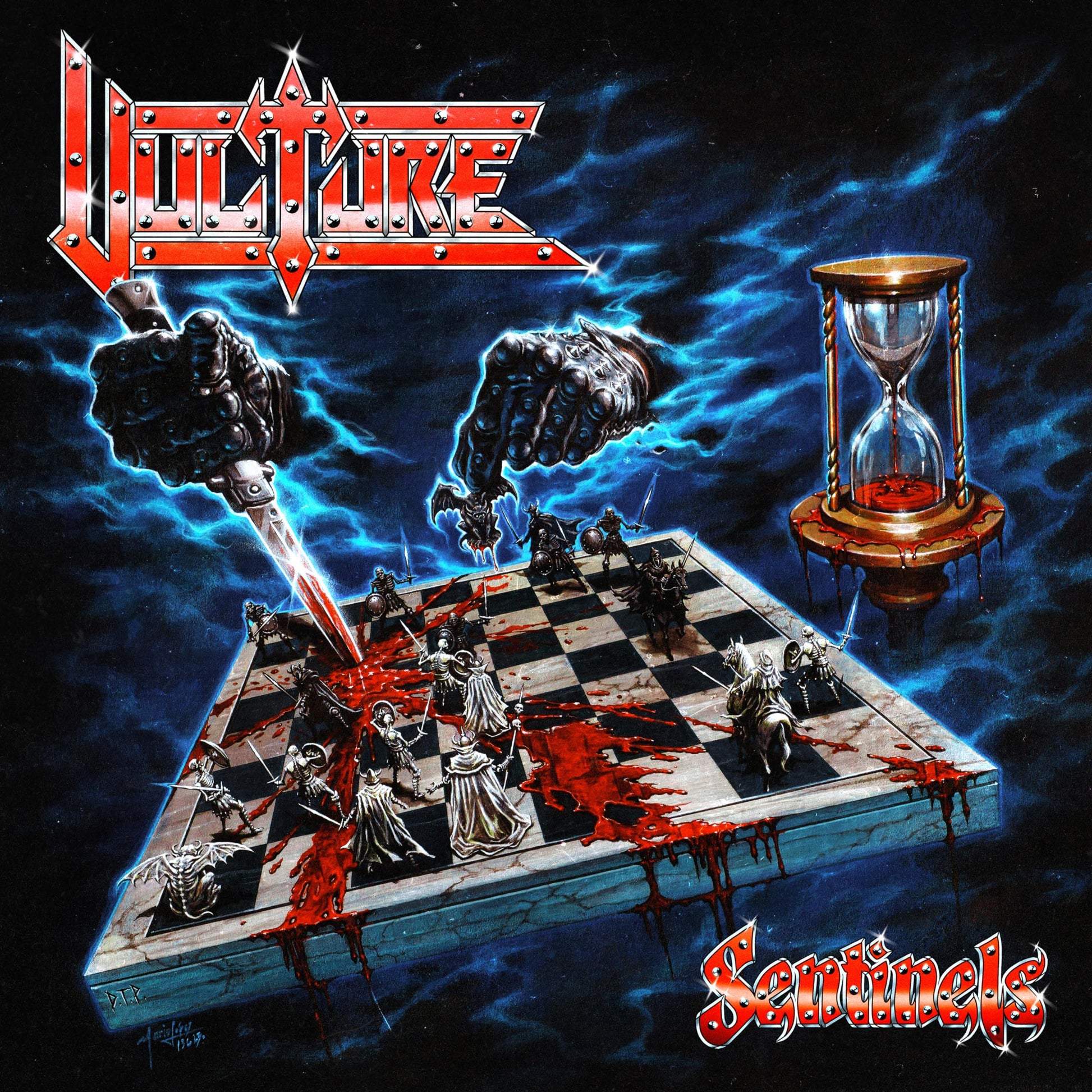 Dark fantasy album cover with chess pieces, hands, and an hourglass.
