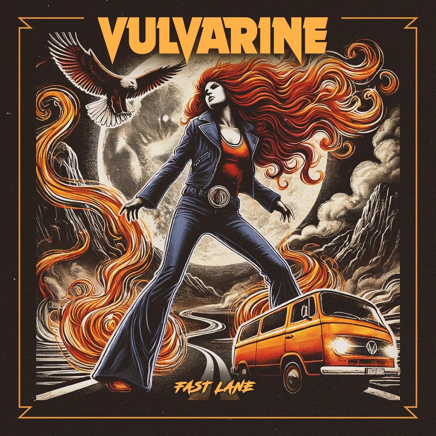 CD cover: woman in leather, eagle, van, and fiery orange background.