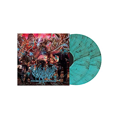 Vinyl album cover art featuring a monster and two teal marbled vinyl records.