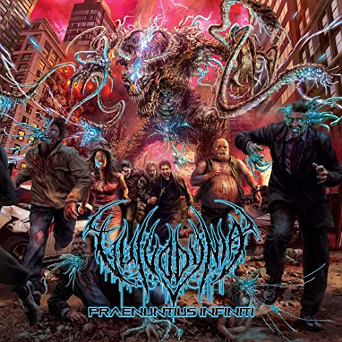 Album cover: monstrous creature amidst city destruction, people fleeing in terror.