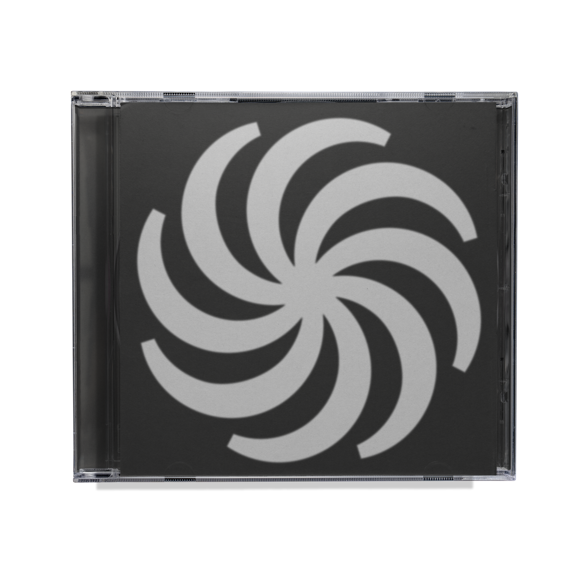 CD case with a black background and a white spiral design.