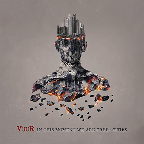 Vinyl album cover featuring a crumbling, fiery bust with a cityscape on its head.