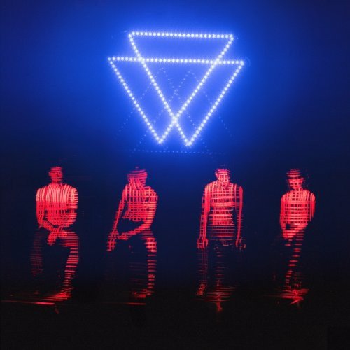 "Four red figures stand below a glowing blue triangle on a dark background."