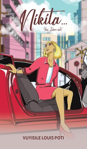 Book cover: woman in a car, stylized illustration, pink and blue tones.