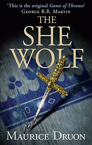 Book cover for The She-Wolf featuring a golden dagger over a blue patterned background.