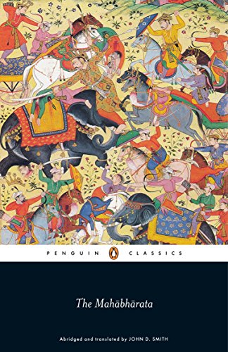 Book cover of "The Mahabharata" featuring a colorful historical battle painting.