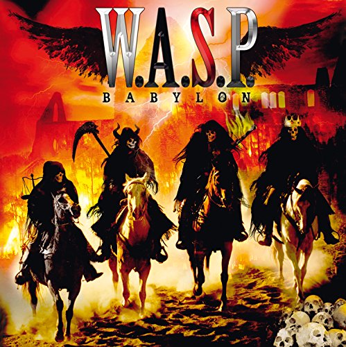 Four hooded skeletal figures on horseback ride through a fiery, apocalyptic landscape.
