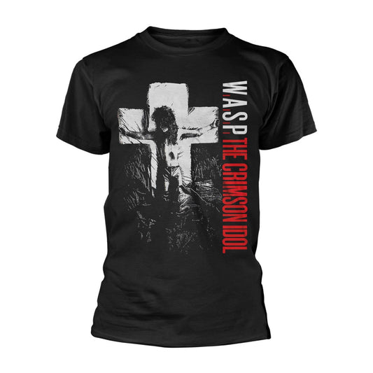 Black t-shirt with a white and black cross and "W.A.S.P." text.