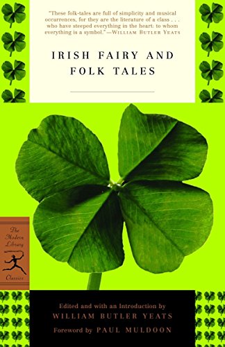 Book cover: “Irish Fairy and Folk Tales” with a four-leaf clover.