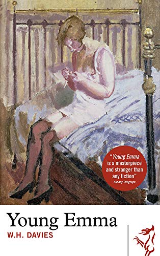 Book cover: painting of a young woman sitting on a bed, knitting.