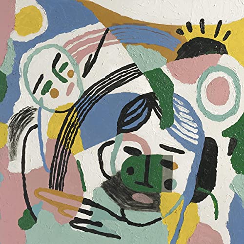 Abstract painting of faces in blues, greens, and yellows.