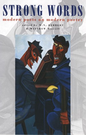 Book cover: “Strong Words” with abstract art of masked figures.