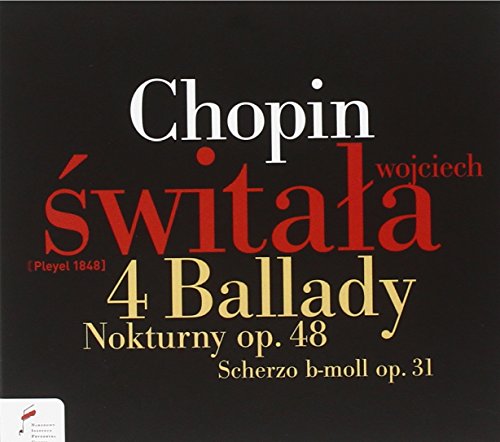 "Black CD cover with white, red, and yellow text, featuring Chopin's name prominently."
