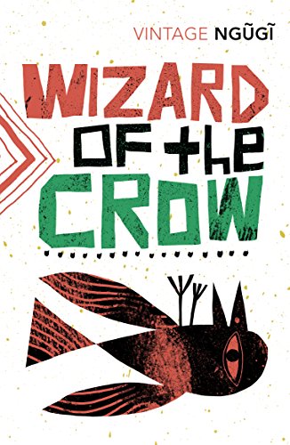 Book cover for "Wizard of the Crow" with red and green text, a crow illustration.