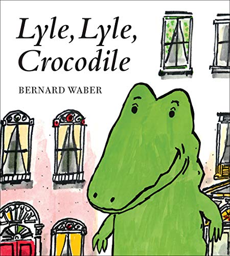 Book cover featuring a green crocodile and illustrated buildings.