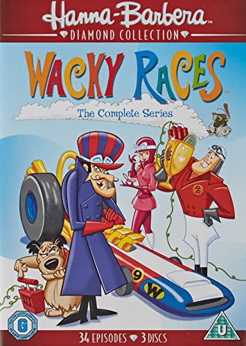DVD cover for Wacky Races featuring Dick Dastardly, Muttley, and other characters with cars.