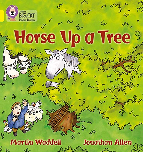 A white horse looks out from a tree while a farmer and animals watch.