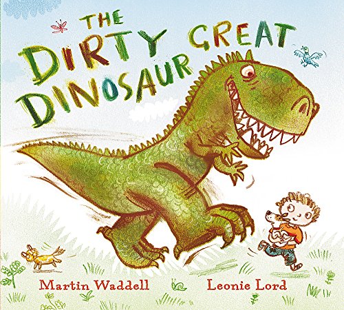 Green dinosaur chases a small child with a toy dinosaur.