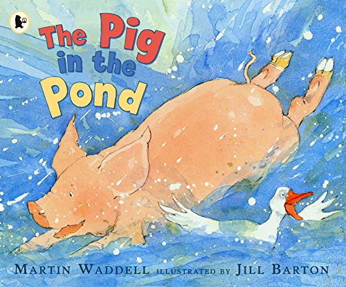 A pig jumps into a pond next to a surprised white duck.