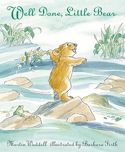 Little Bear stands on rocks holding flowers, with a frog nearby.