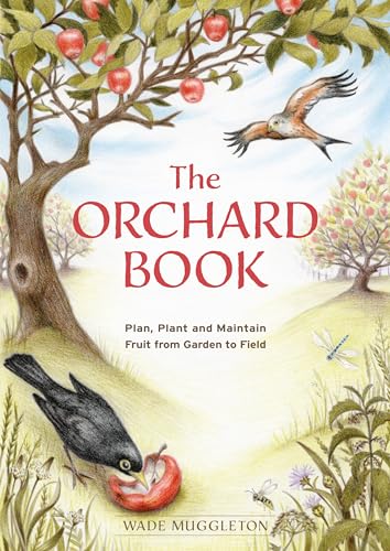 Book cover illustration of an orchard with a bird eating an apple.