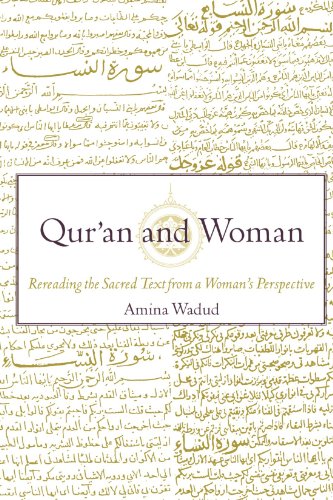 Book cover with Arabic script and title "Qur'an and Woman" in gold lettering.