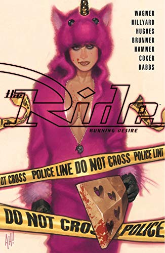 Woman in pink fur hood, holding a bloody heart, crime scene tape.