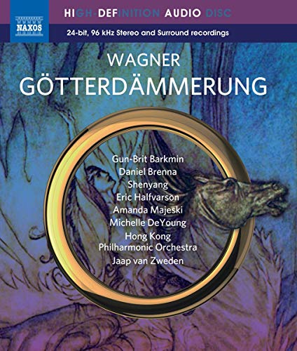 Blu-ray cover for Wagner's Götterdämmerung featuring a circular golden frame over blue artistic illustration.