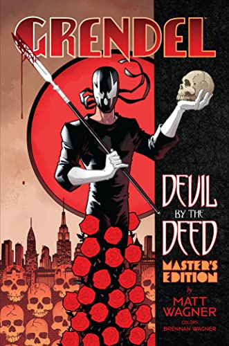 Comic book cover: masked figure with spear, skull, and red roses.