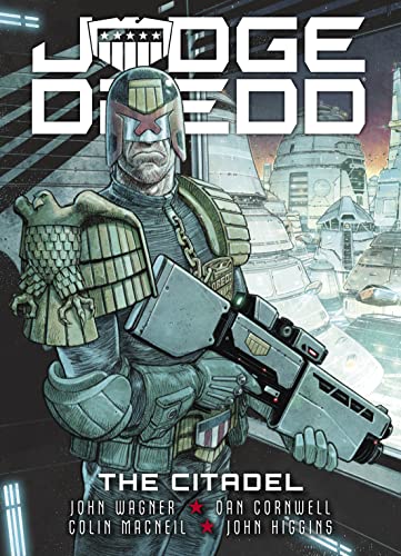Judge Dredd cover art: armored lawman with gun, futuristic city background.