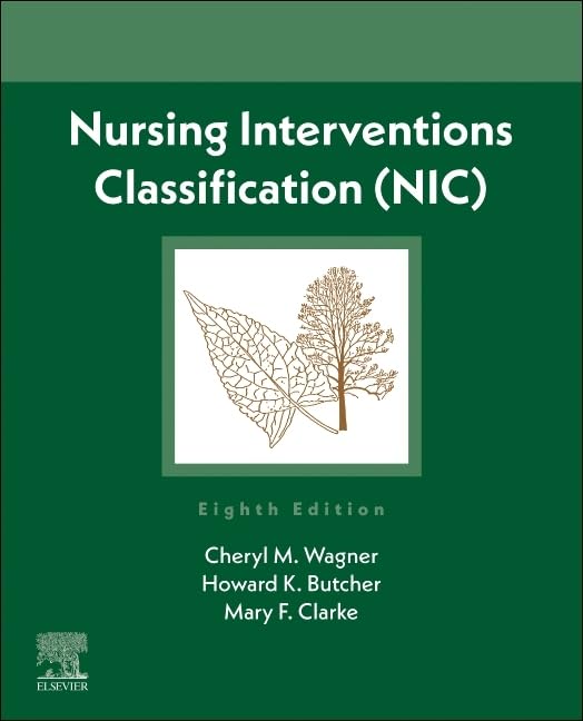Green book cover with white text: "Nursing Interventions Classification (NIC)" and leaf image.