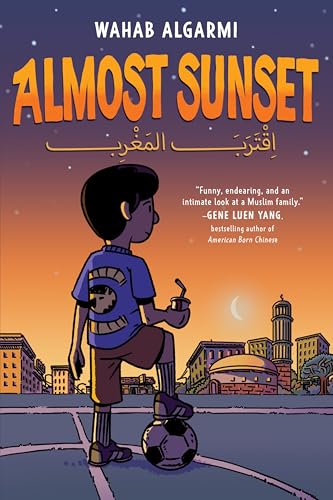Book cover: boy with soccer ball, city skyline, crescent moon.