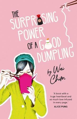 Book cover with a woman, dumplings, and chili oil on a pink background.