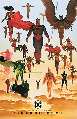Superman and various DC superheroes flying against a sunset sky in a painted style.