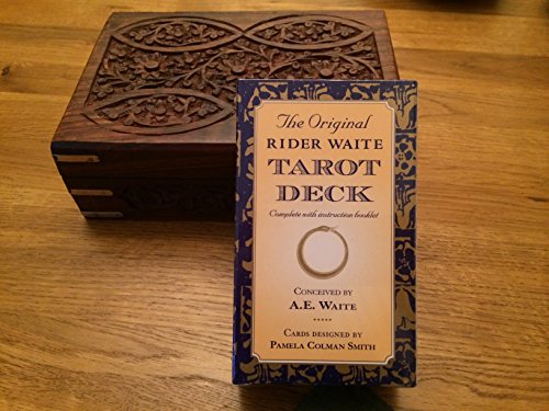 The image depicts a box for "The Original Rider Waite Tarot Deck". Alt text: Box for Rider Waite Tarot Deck with blue and gold design.