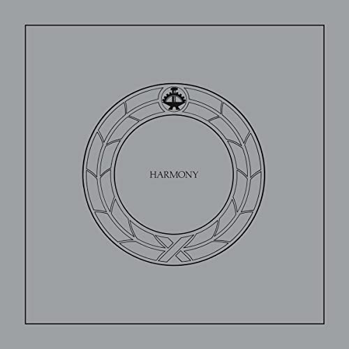 CD cover with a grey background, black border, and a circular emblem reading Harmony.
