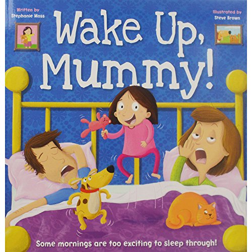 Children’s book cover: a girl wakes her sleeping parents and pets.