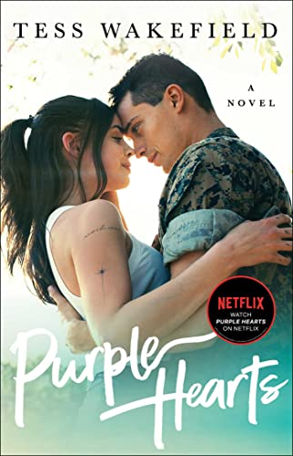 Book cover: couple embracing, title “Purple Hearts”, Netflix logo visible.