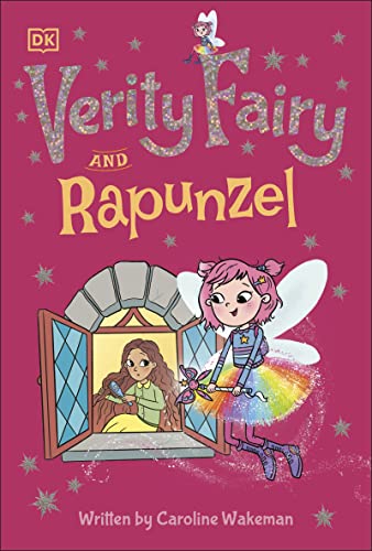 Book cover: fairy and Rapunzel illustration with pink sparkly background.