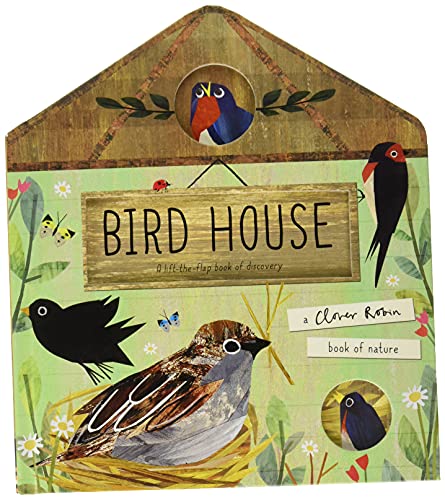 Bird house shaped book cover with illustrated birds and foliage.
