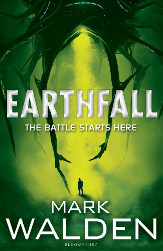Book cover for “Earthfall” depicting a lone figure under a looming structure.