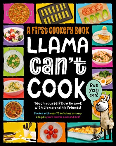 Cookbook cover with colorful food images, llama, and bold text.