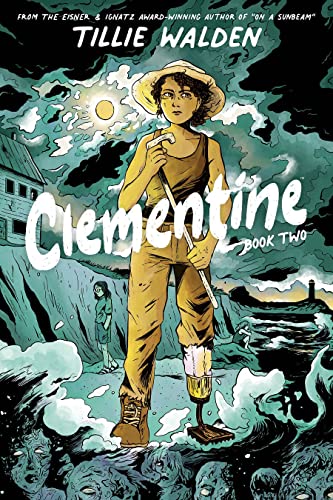 A girl with a prosthetic leg stands in a dark, moody landscape with zombies.
