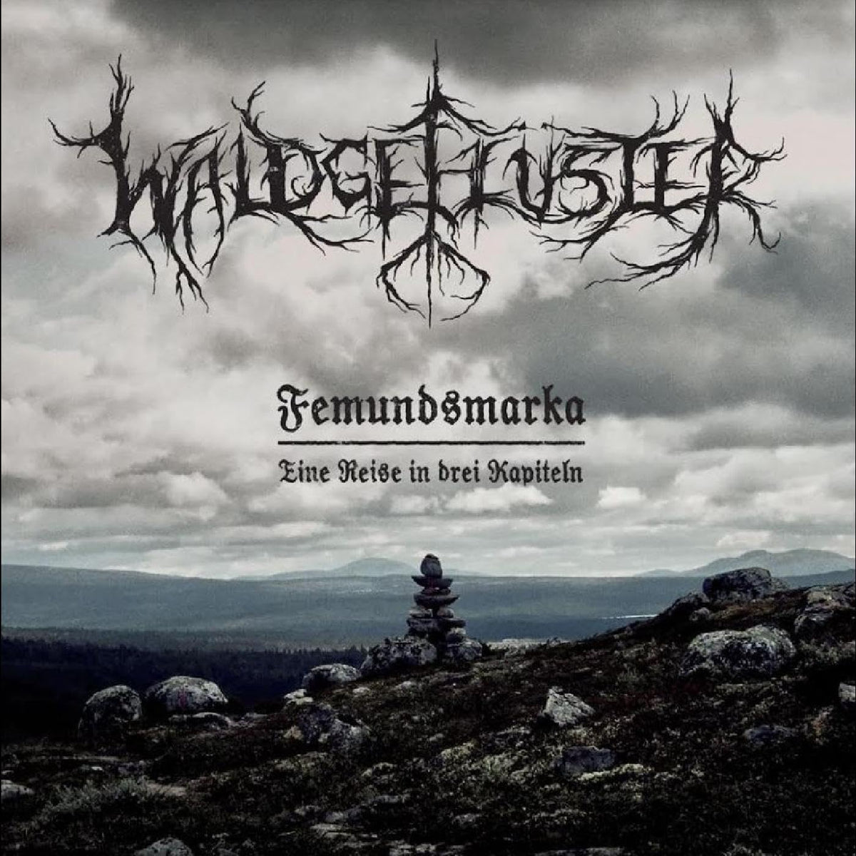 Vinyl album cover: dark, stylized forest text over a rocky landscape.