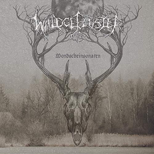 CD cover: deer skull with antlers under a full moon, grayscale.