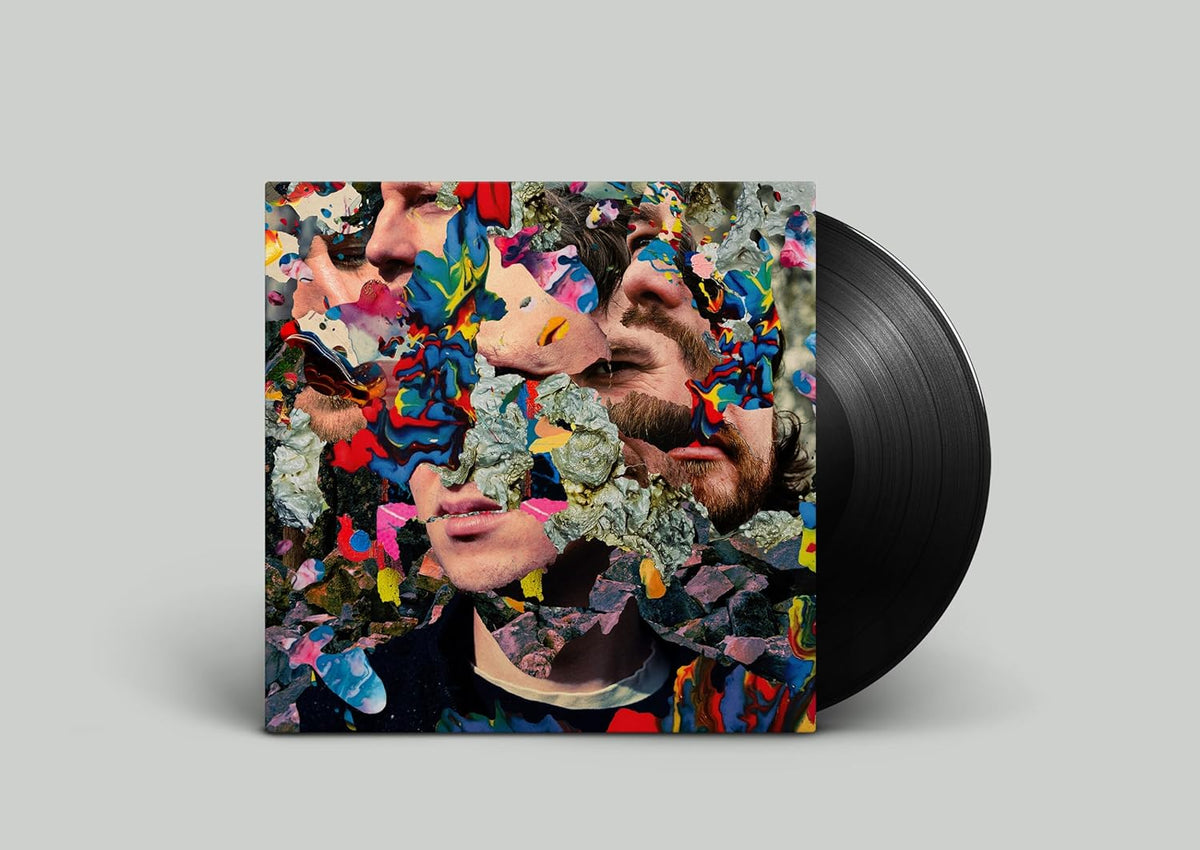 Album cover with fragmented faces and colorful, abstract paint splatters beside a vinyl record.