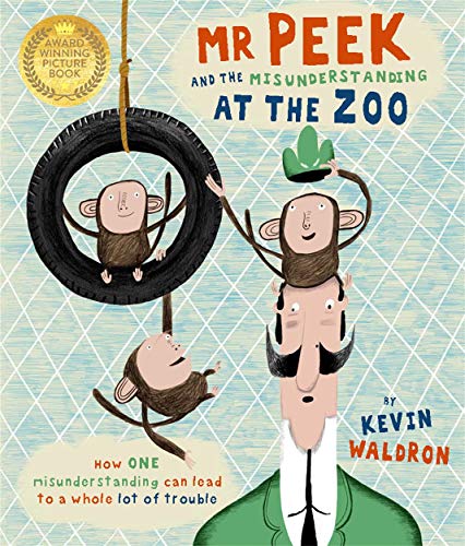 Book cover: Mr Peek with monkeys, a tire, and award seal.