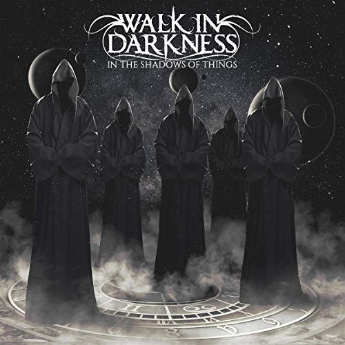 Dark album cover with hooded figures standing on a glowing platform.