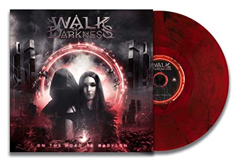 Red and black vinyl record with album cover featuring a hooded figure.